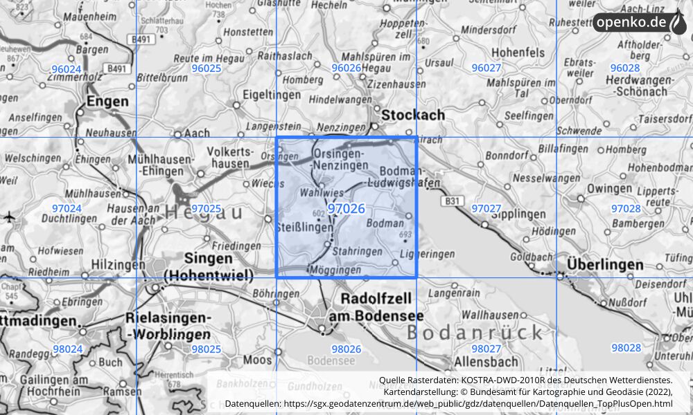 Übersichtskarte KOSTRA-DWD-2010R Rasterfeld Nr. 97026 mit angrenzenden Feldern