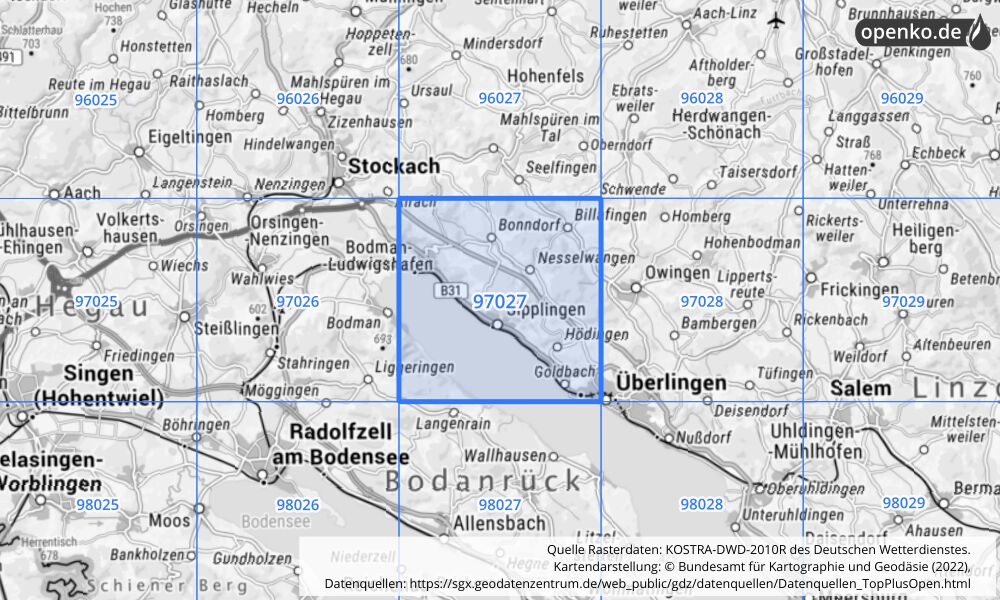 Übersichtskarte KOSTRA-DWD-2010R Rasterfeld Nr. 97027 mit angrenzenden Feldern