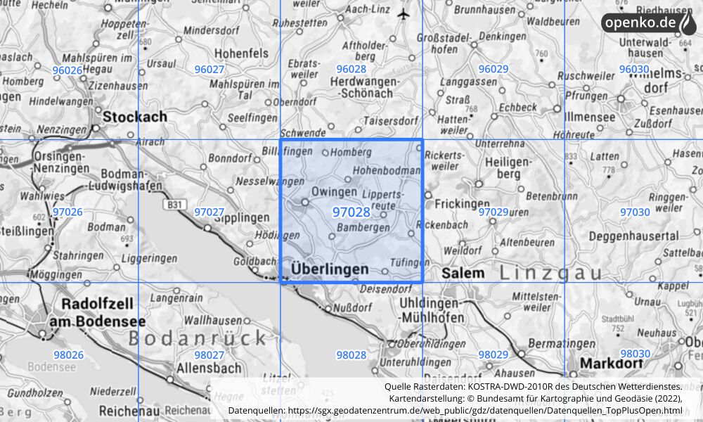 Übersichtskarte KOSTRA-DWD-2010R Rasterfeld Nr. 97028 mit angrenzenden Feldern