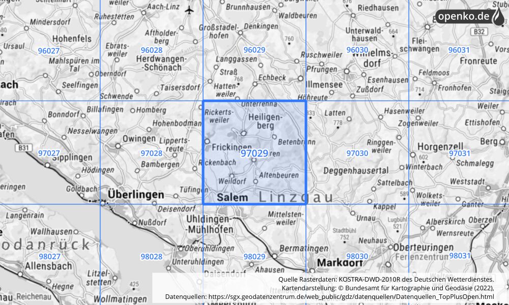 Übersichtskarte KOSTRA-DWD-2010R Rasterfeld Nr. 97029 mit angrenzenden Feldern