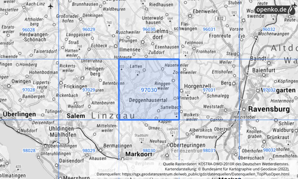 Übersichtskarte KOSTRA-DWD-2010R Rasterfeld Nr. 97030 mit angrenzenden Feldern