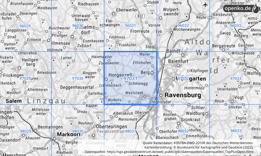 Übersichtskarte KOSTRA-DWD-2010R Rasterfeld Nr. 97031 mit angrenzenden Feldern