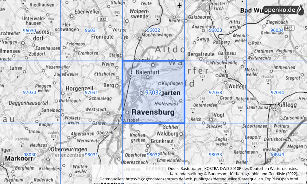 Übersichtskarte KOSTRA-DWD-2010R Rasterfeld Nr. 97032 mit angrenzenden Feldern