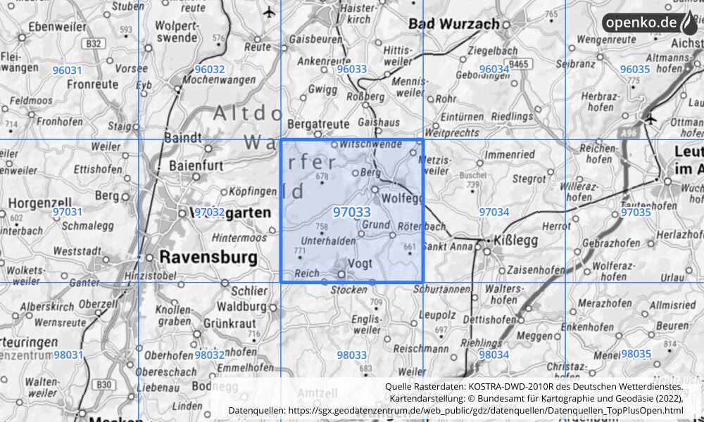 Übersichtskarte KOSTRA-DWD-2010R Rasterfeld Nr. 97033 mit angrenzenden Feldern