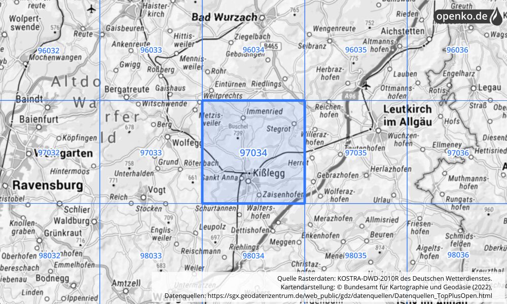 Übersichtskarte KOSTRA-DWD-2010R Rasterfeld Nr. 97034 mit angrenzenden Feldern