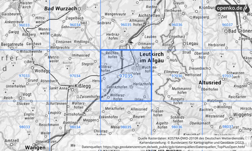 Übersichtskarte KOSTRA-DWD-2010R Rasterfeld Nr. 97035 mit angrenzenden Feldern