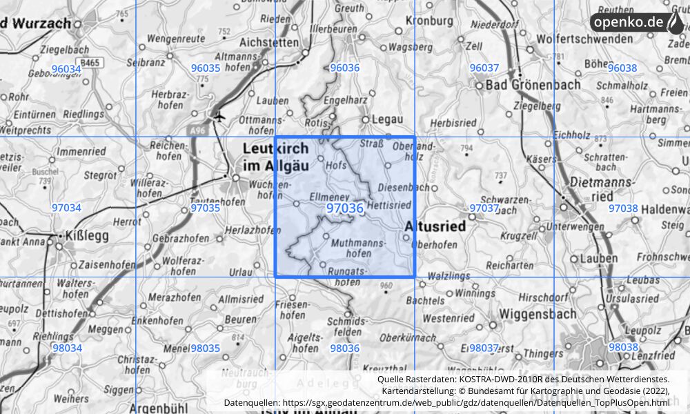 Übersichtskarte KOSTRA-DWD-2010R Rasterfeld Nr. 97036 mit angrenzenden Feldern