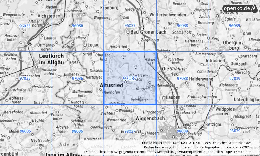 Übersichtskarte KOSTRA-DWD-2010R Rasterfeld Nr. 97037 mit angrenzenden Feldern