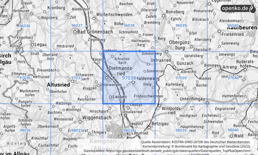 Übersichtskarte KOSTRA-DWD-2010R Rasterfeld Nr. 97038 mit angrenzenden Feldern