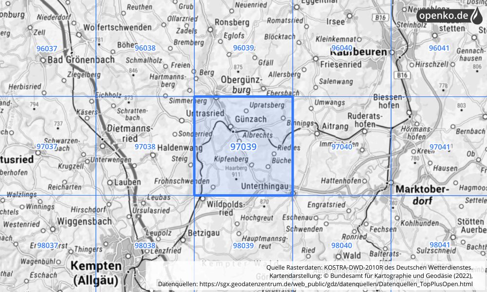 Übersichtskarte KOSTRA-DWD-2010R Rasterfeld Nr. 97039 mit angrenzenden Feldern