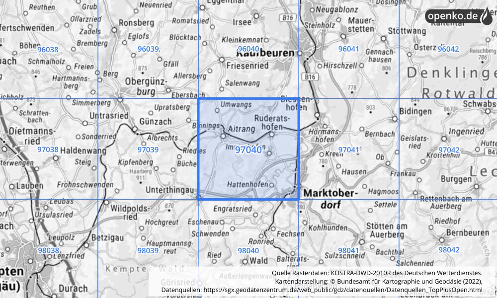 Übersichtskarte KOSTRA-DWD-2010R Rasterfeld Nr. 97040 mit angrenzenden Feldern