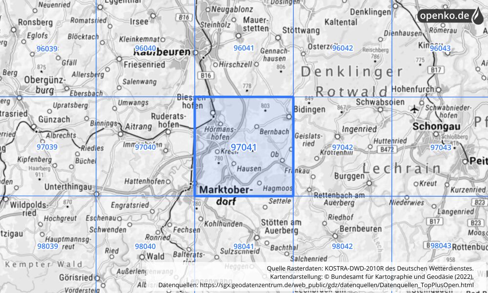 Übersichtskarte KOSTRA-DWD-2010R Rasterfeld Nr. 97041 mit angrenzenden Feldern