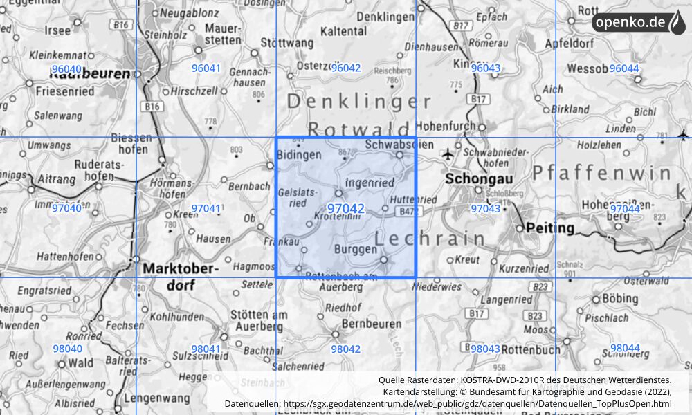 Übersichtskarte KOSTRA-DWD-2010R Rasterfeld Nr. 97042 mit angrenzenden Feldern