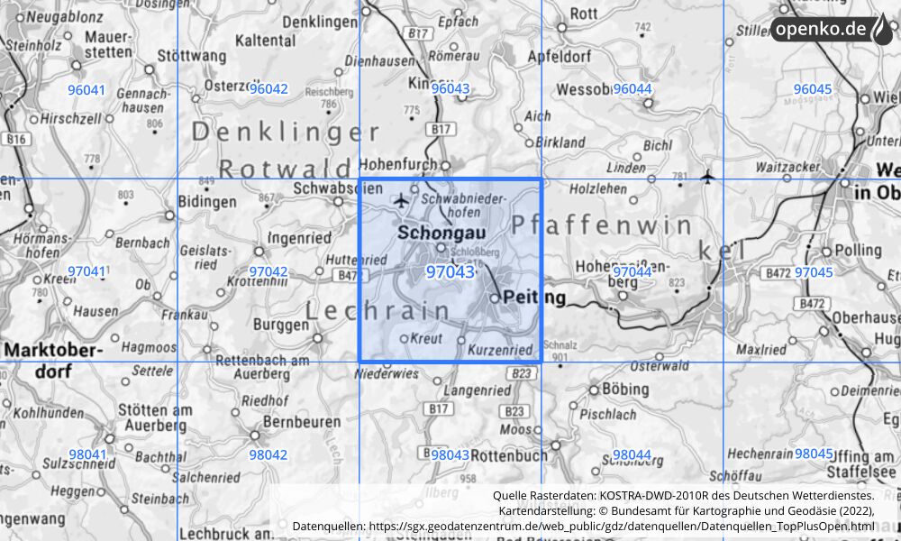 Übersichtskarte KOSTRA-DWD-2010R Rasterfeld Nr. 97043 mit angrenzenden Feldern