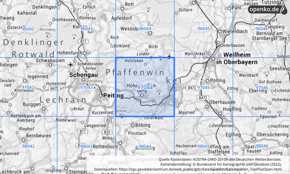 Übersichtskarte KOSTRA-DWD-2010R Rasterfeld Nr. 97044 mit angrenzenden Feldern