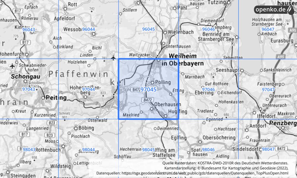 Übersichtskarte KOSTRA-DWD-2010R Rasterfeld Nr. 97045 mit angrenzenden Feldern