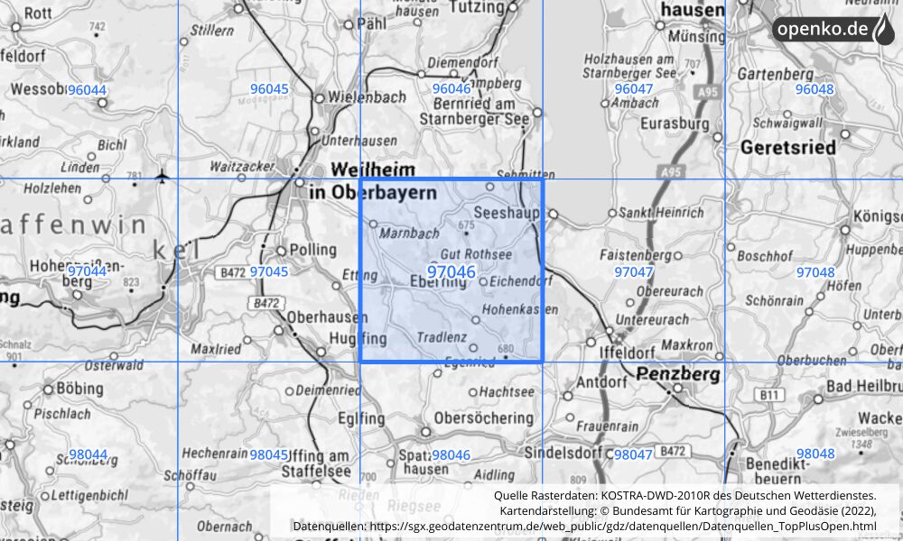 Übersichtskarte KOSTRA-DWD-2010R Rasterfeld Nr. 97046 mit angrenzenden Feldern