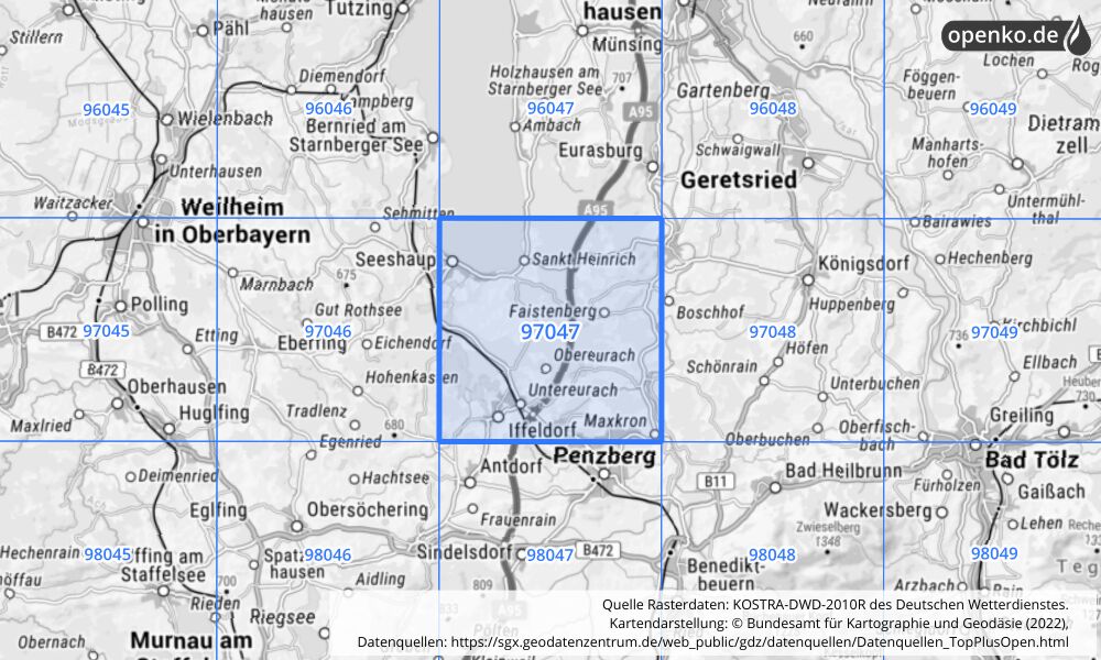 Übersichtskarte KOSTRA-DWD-2010R Rasterfeld Nr. 97047 mit angrenzenden Feldern