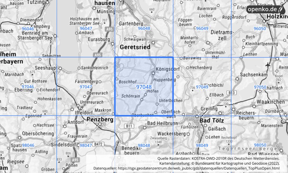 Übersichtskarte KOSTRA-DWD-2010R Rasterfeld Nr. 97048 mit angrenzenden Feldern