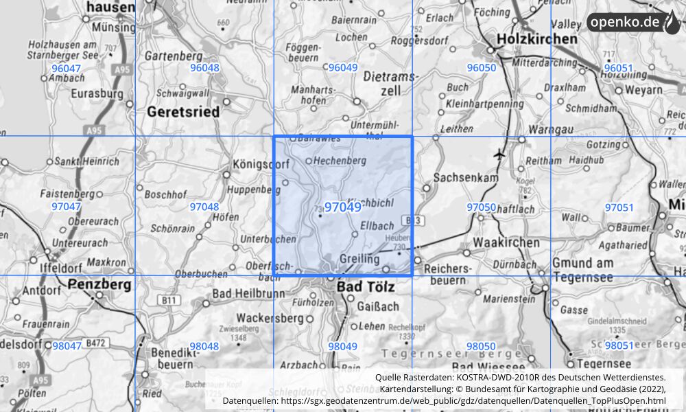 Übersichtskarte KOSTRA-DWD-2010R Rasterfeld Nr. 97049 mit angrenzenden Feldern