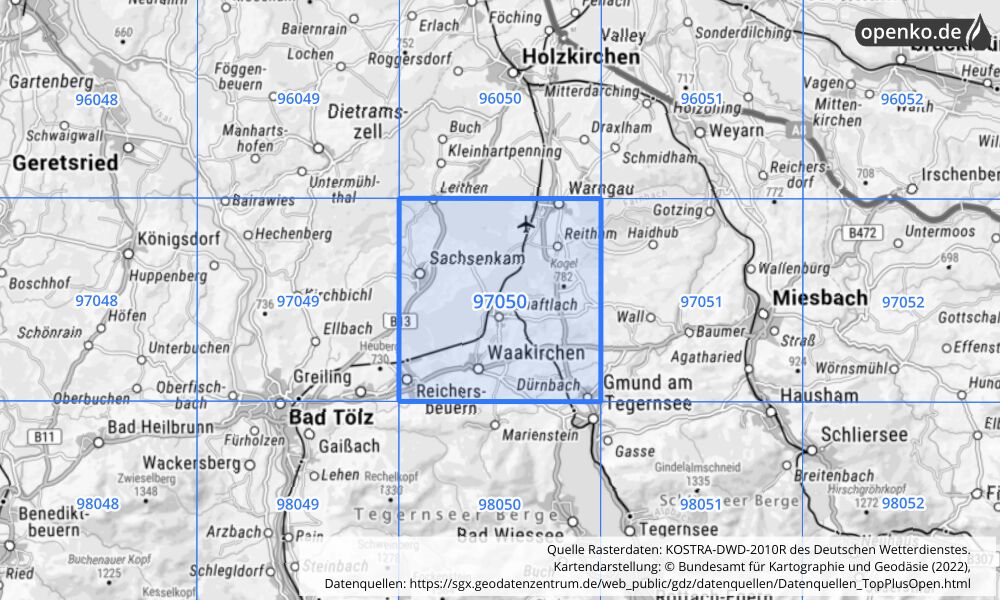 Übersichtskarte KOSTRA-DWD-2010R Rasterfeld Nr. 97050 mit angrenzenden Feldern