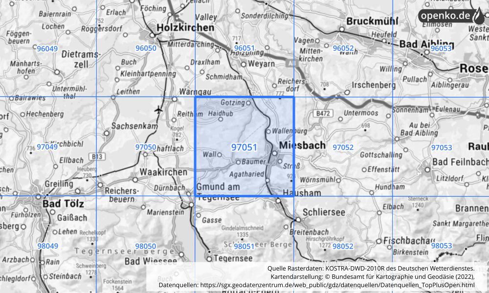 Übersichtskarte KOSTRA-DWD-2010R Rasterfeld Nr. 97051 mit angrenzenden Feldern