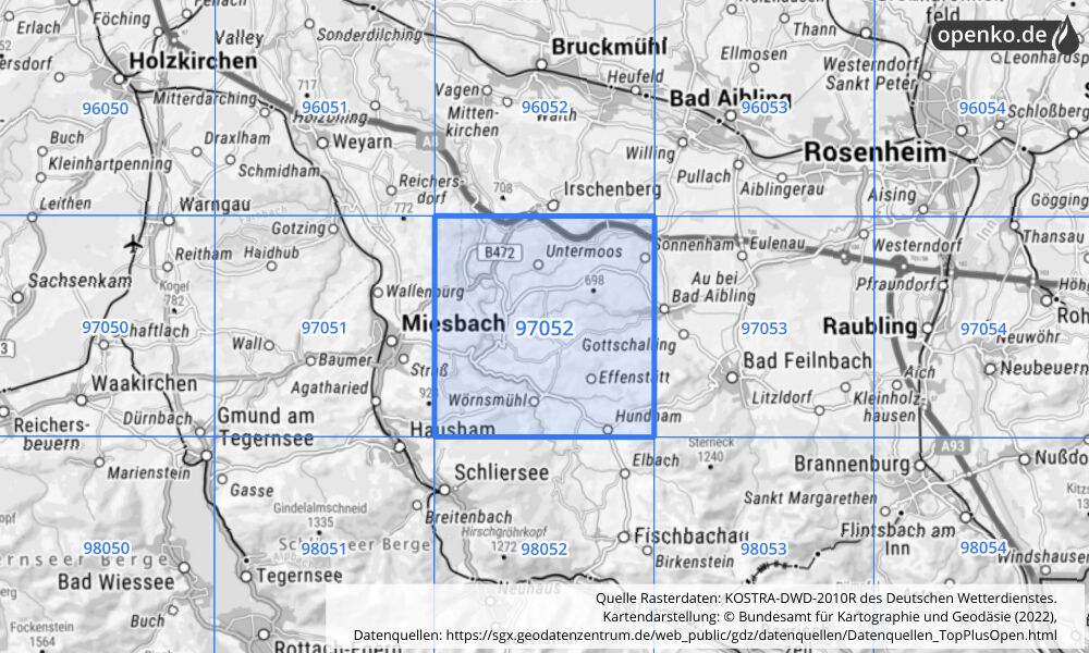 Übersichtskarte KOSTRA-DWD-2010R Rasterfeld Nr. 97052 mit angrenzenden Feldern