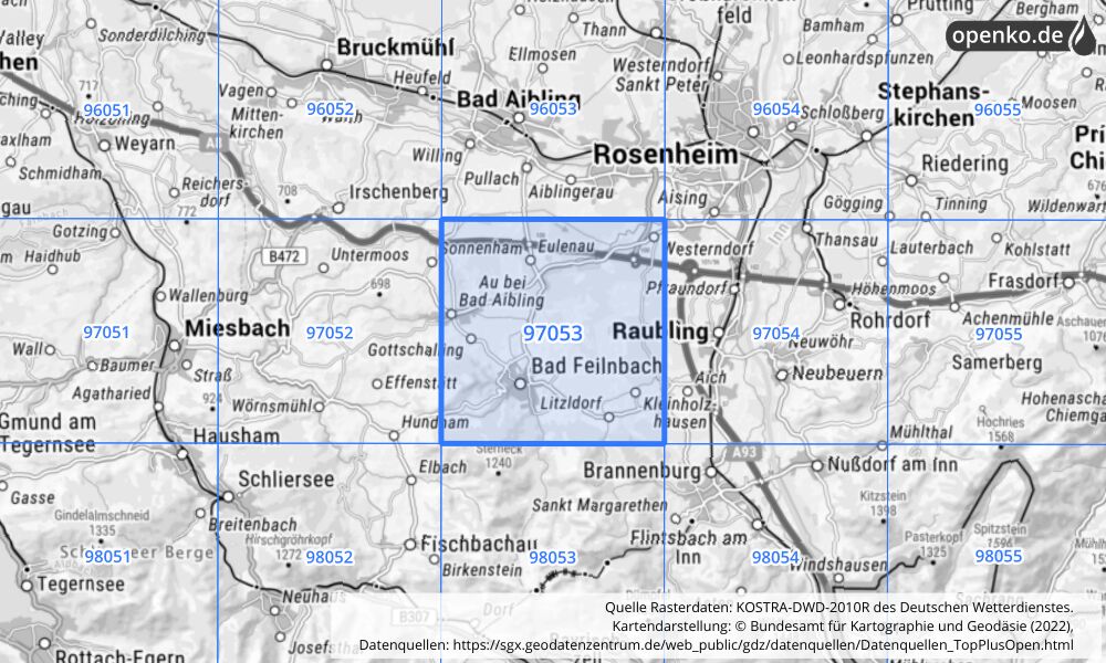 Übersichtskarte KOSTRA-DWD-2010R Rasterfeld Nr. 97053 mit angrenzenden Feldern