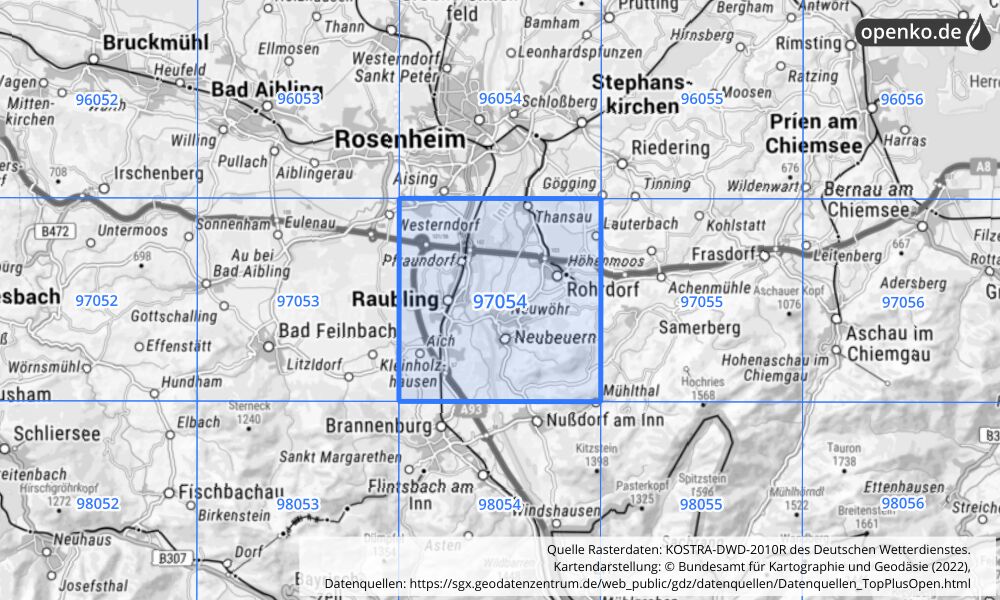 Übersichtskarte KOSTRA-DWD-2010R Rasterfeld Nr. 97054 mit angrenzenden Feldern