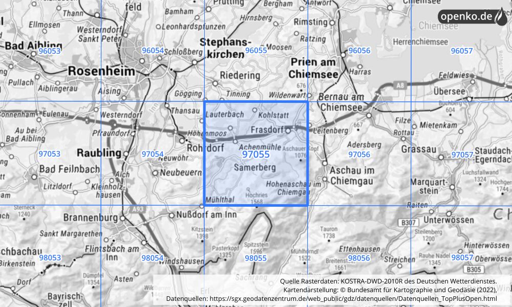 Übersichtskarte KOSTRA-DWD-2010R Rasterfeld Nr. 97055 mit angrenzenden Feldern