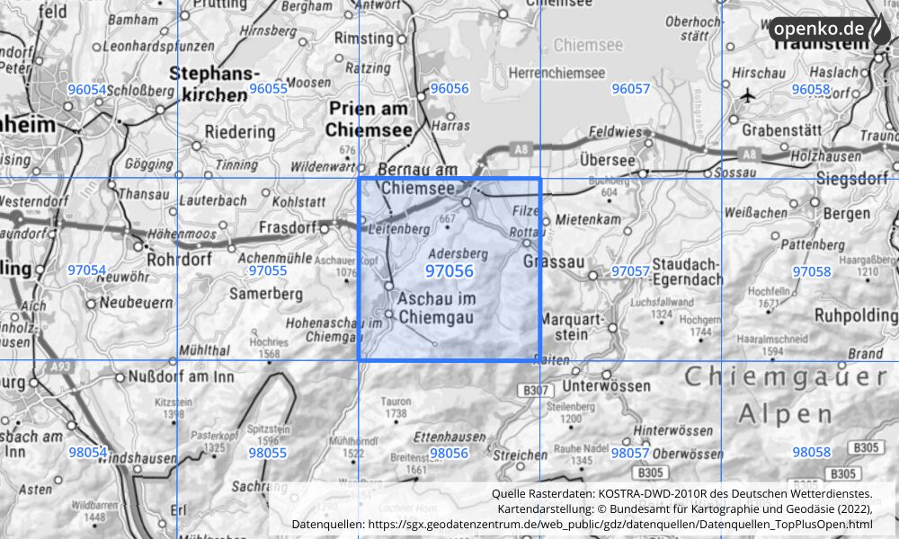 Übersichtskarte KOSTRA-DWD-2010R Rasterfeld Nr. 97056 mit angrenzenden Feldern