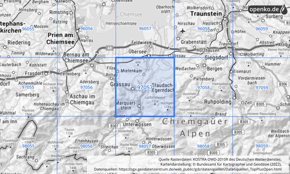 Übersichtskarte KOSTRA-DWD-2010R Rasterfeld Nr. 97057 mit angrenzenden Feldern