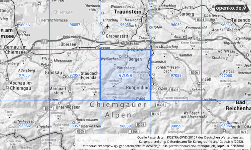 Übersichtskarte KOSTRA-DWD-2010R Rasterfeld Nr. 97058 mit angrenzenden Feldern