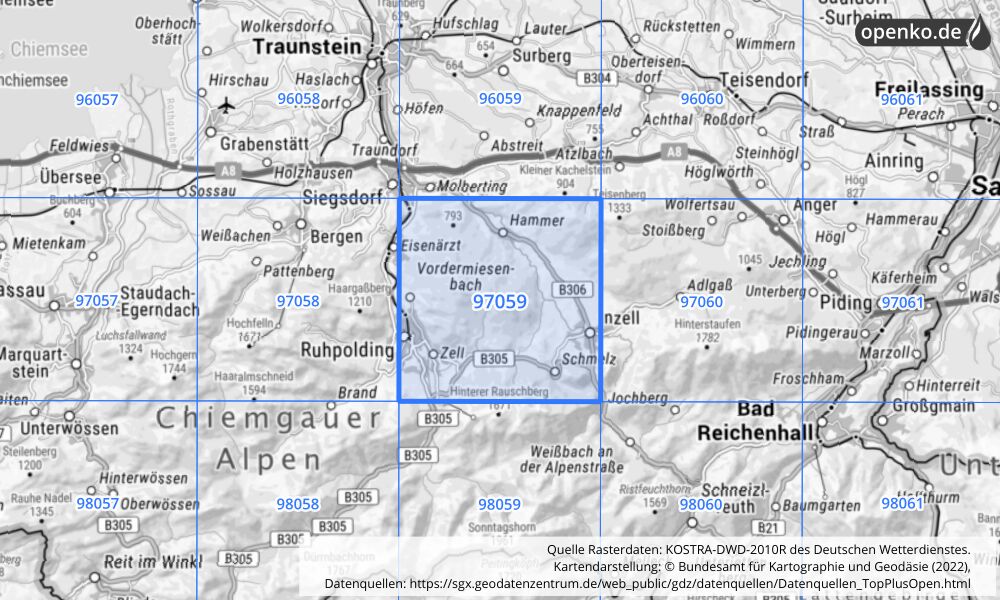 Übersichtskarte KOSTRA-DWD-2010R Rasterfeld Nr. 97059 mit angrenzenden Feldern