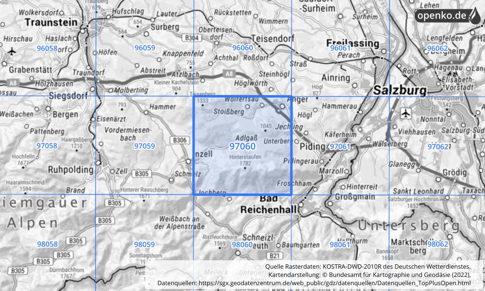 Übersichtskarte KOSTRA-DWD-2010R Rasterfeld Nr. 97060 mit angrenzenden Feldern