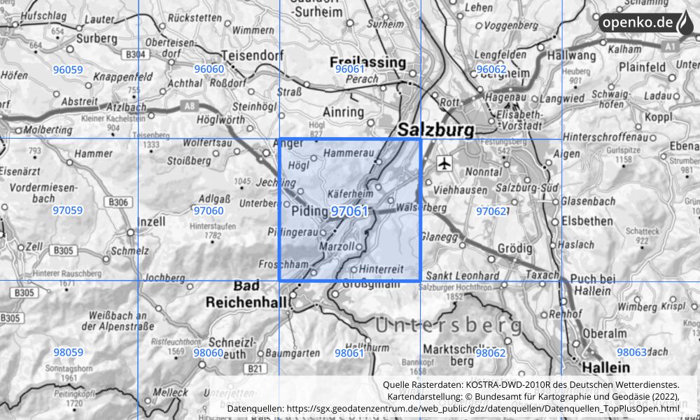 Übersichtskarte KOSTRA-DWD-2010R Rasterfeld Nr. 97061 mit angrenzenden Feldern