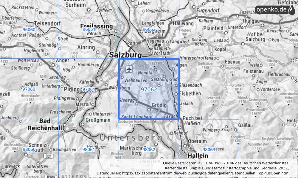 Übersichtskarte KOSTRA-DWD-2010R Rasterfeld Nr. 97062 mit angrenzenden Feldern