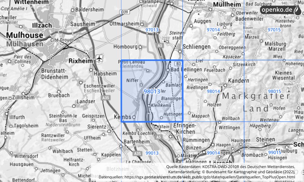 Übersichtskarte KOSTRA-DWD-2010R Rasterfeld Nr. 98013 mit angrenzenden Feldern