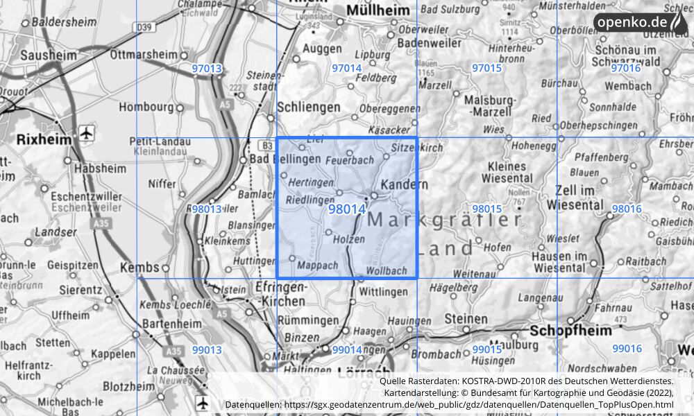 Übersichtskarte KOSTRA-DWD-2010R Rasterfeld Nr. 98014 mit angrenzenden Feldern