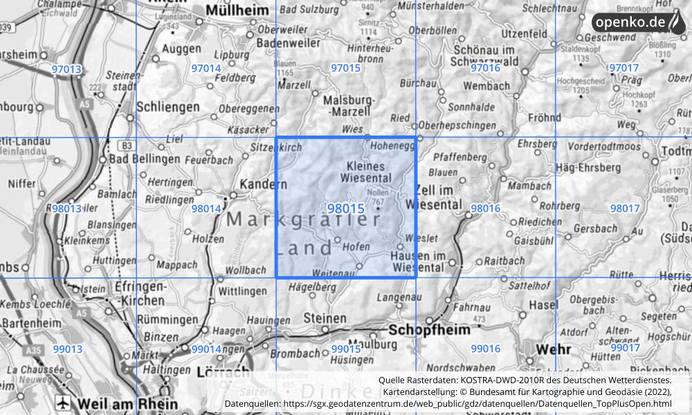 Übersichtskarte KOSTRA-DWD-2010R Rasterfeld Nr. 98015 mit angrenzenden Feldern