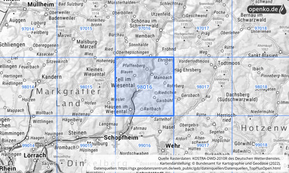 Übersichtskarte KOSTRA-DWD-2010R Rasterfeld Nr. 98016 mit angrenzenden Feldern