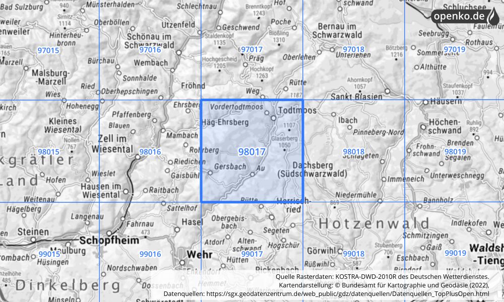 Übersichtskarte KOSTRA-DWD-2010R Rasterfeld Nr. 98017 mit angrenzenden Feldern