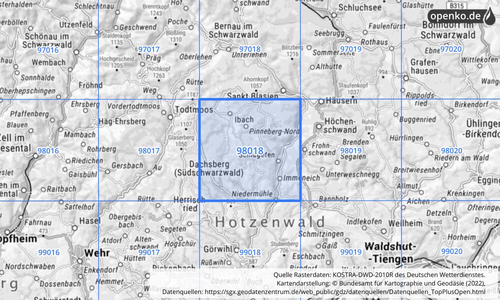 Übersichtskarte KOSTRA-DWD-2010R Rasterfeld Nr. 98018 mit angrenzenden Feldern