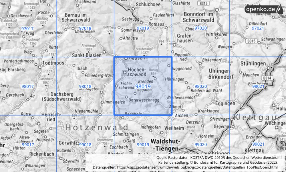 Übersichtskarte KOSTRA-DWD-2010R Rasterfeld Nr. 98019 mit angrenzenden Feldern