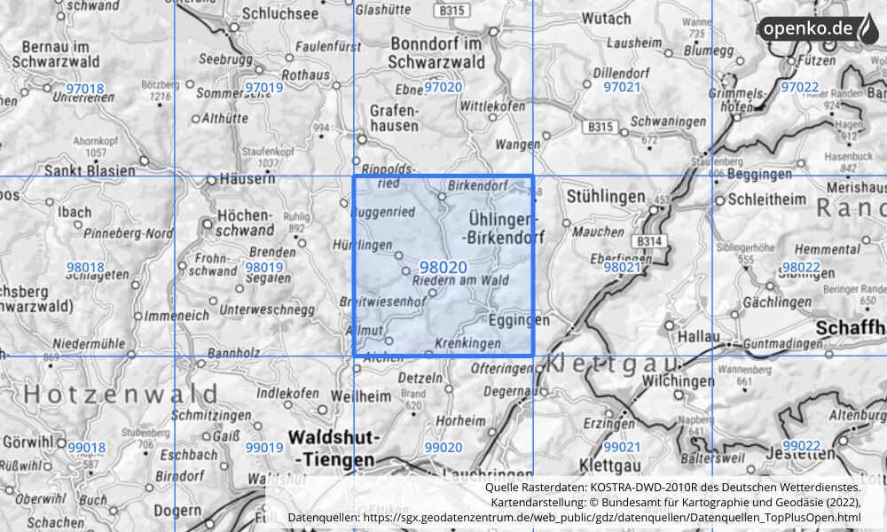 Übersichtskarte KOSTRA-DWD-2010R Rasterfeld Nr. 98020 mit angrenzenden Feldern