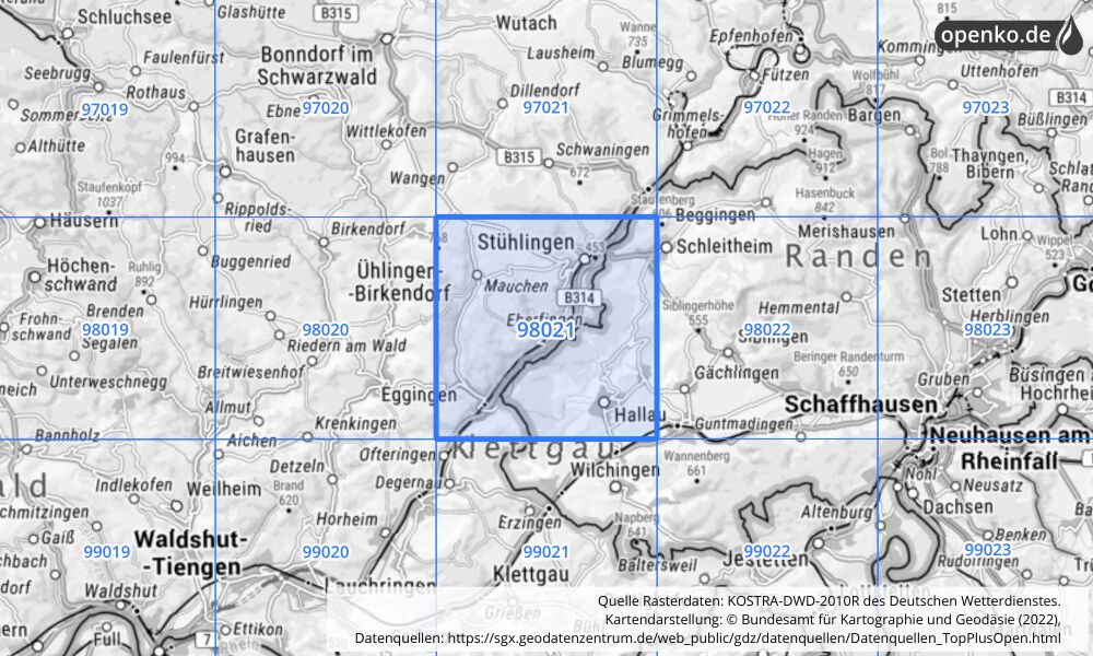 Übersichtskarte KOSTRA-DWD-2010R Rasterfeld Nr. 98021 mit angrenzenden Feldern