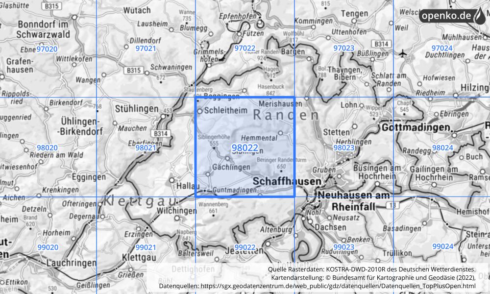 Übersichtskarte KOSTRA-DWD-2010R Rasterfeld Nr. 98022 mit angrenzenden Feldern