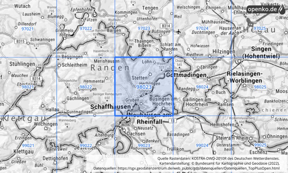 Übersichtskarte KOSTRA-DWD-2010R Rasterfeld Nr. 98023 mit angrenzenden Feldern