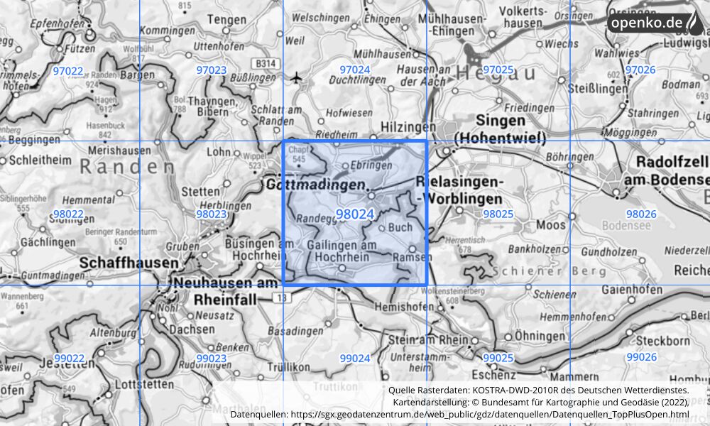 Übersichtskarte KOSTRA-DWD-2010R Rasterfeld Nr. 98024 mit angrenzenden Feldern