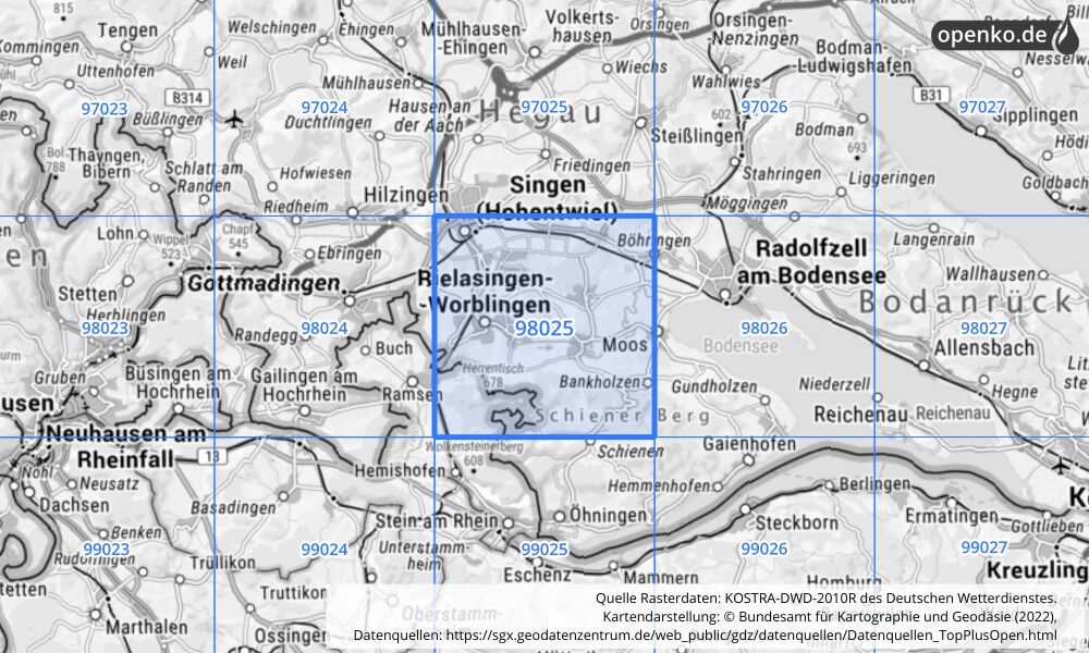 Übersichtskarte KOSTRA-DWD-2010R Rasterfeld Nr. 98025 mit angrenzenden Feldern